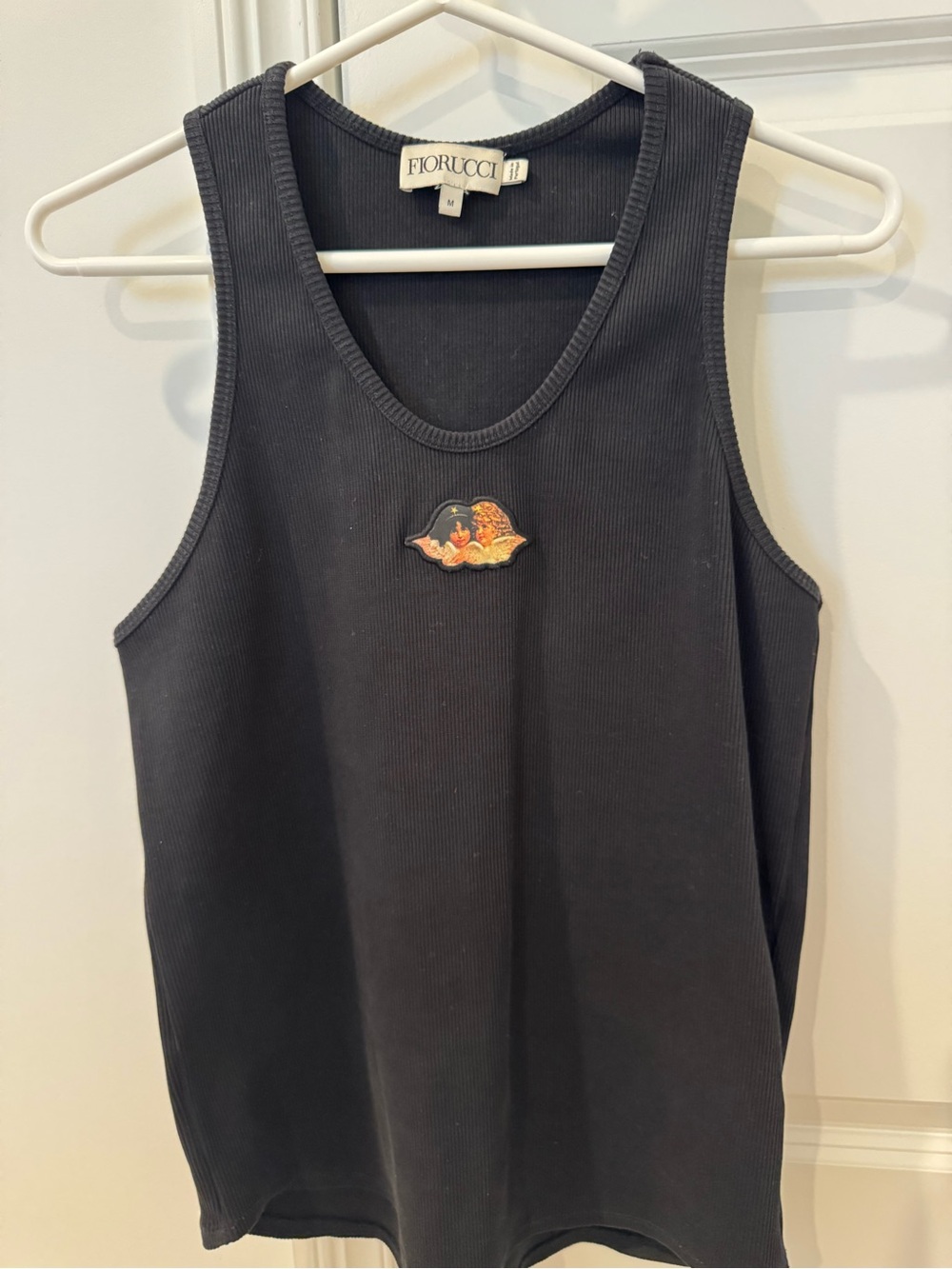 Fiorucci Black Ribbed Tank with Cherub Patch Accent - SIZE MEDIUM